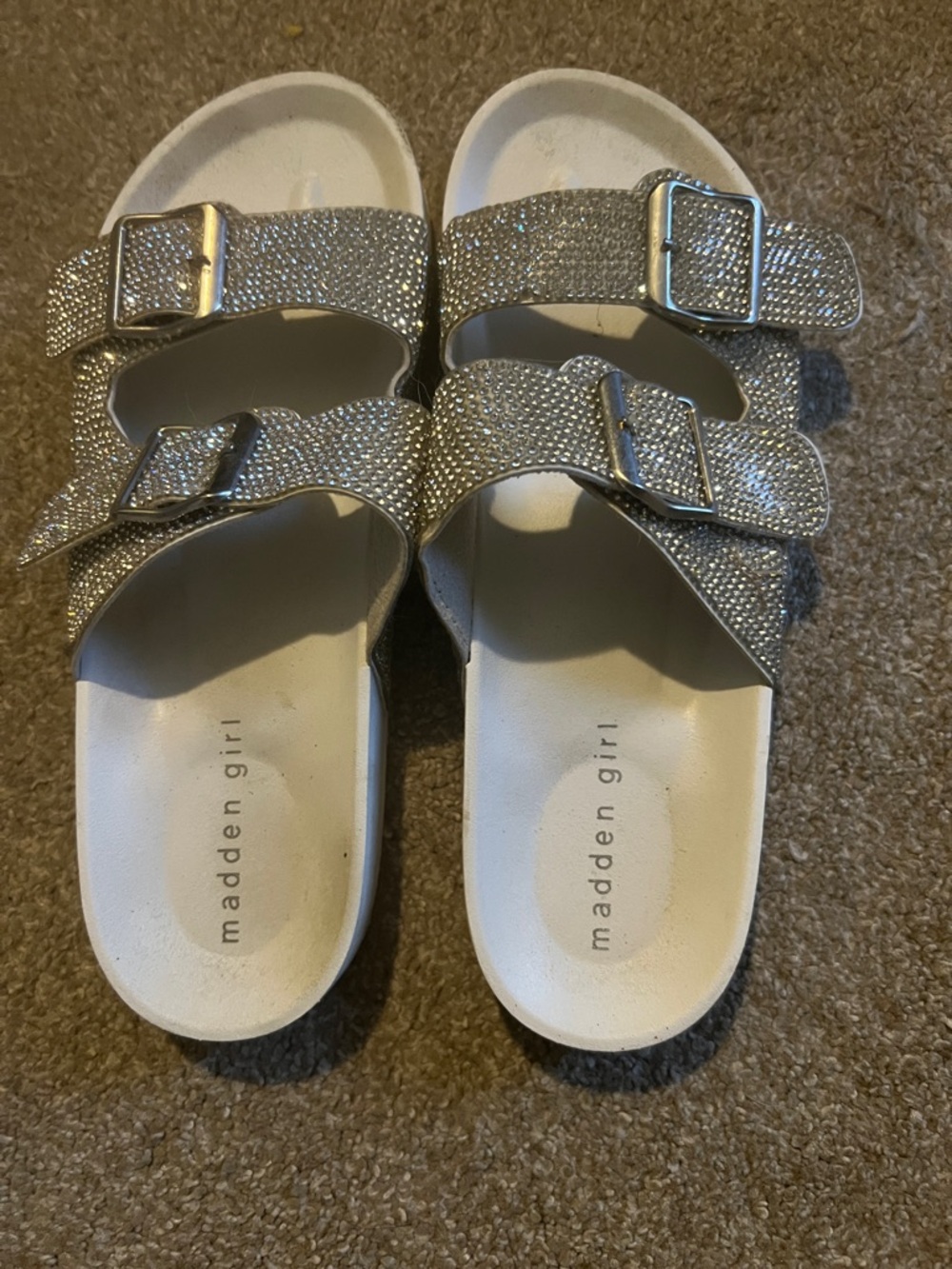 Madden Girl Silver Rhinestone Double-Buckle Slides